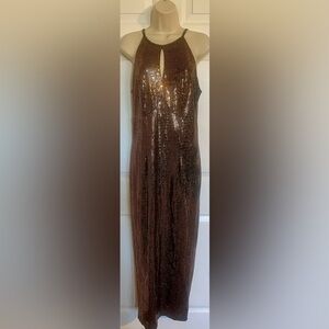 Lovely Grace Gold Sequin Keybole Halter Maxi Dress Gown Size Small